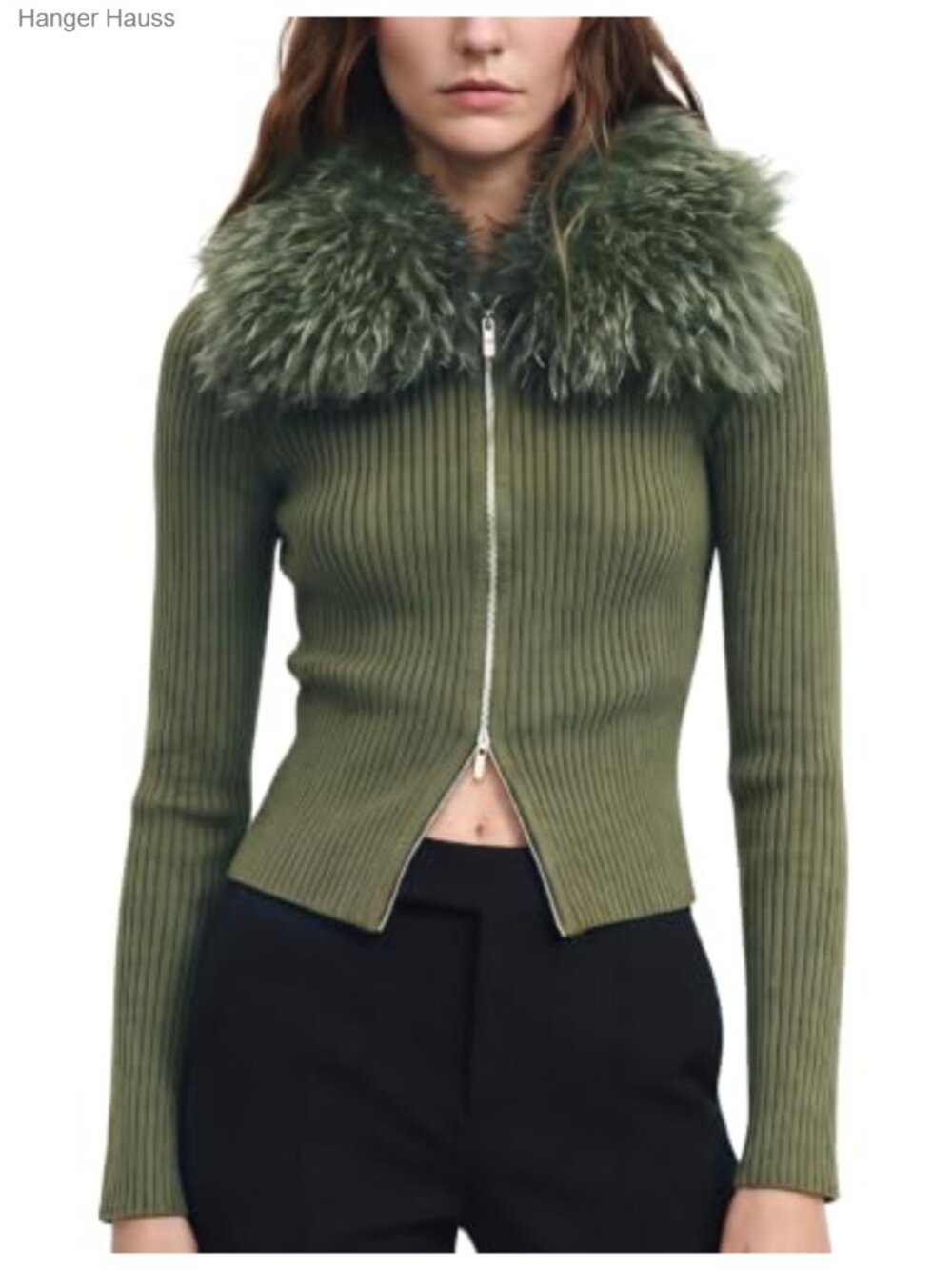 Faux Fur Collar Zip Up Cardigan Sweater Slim Fit Long Sleeve